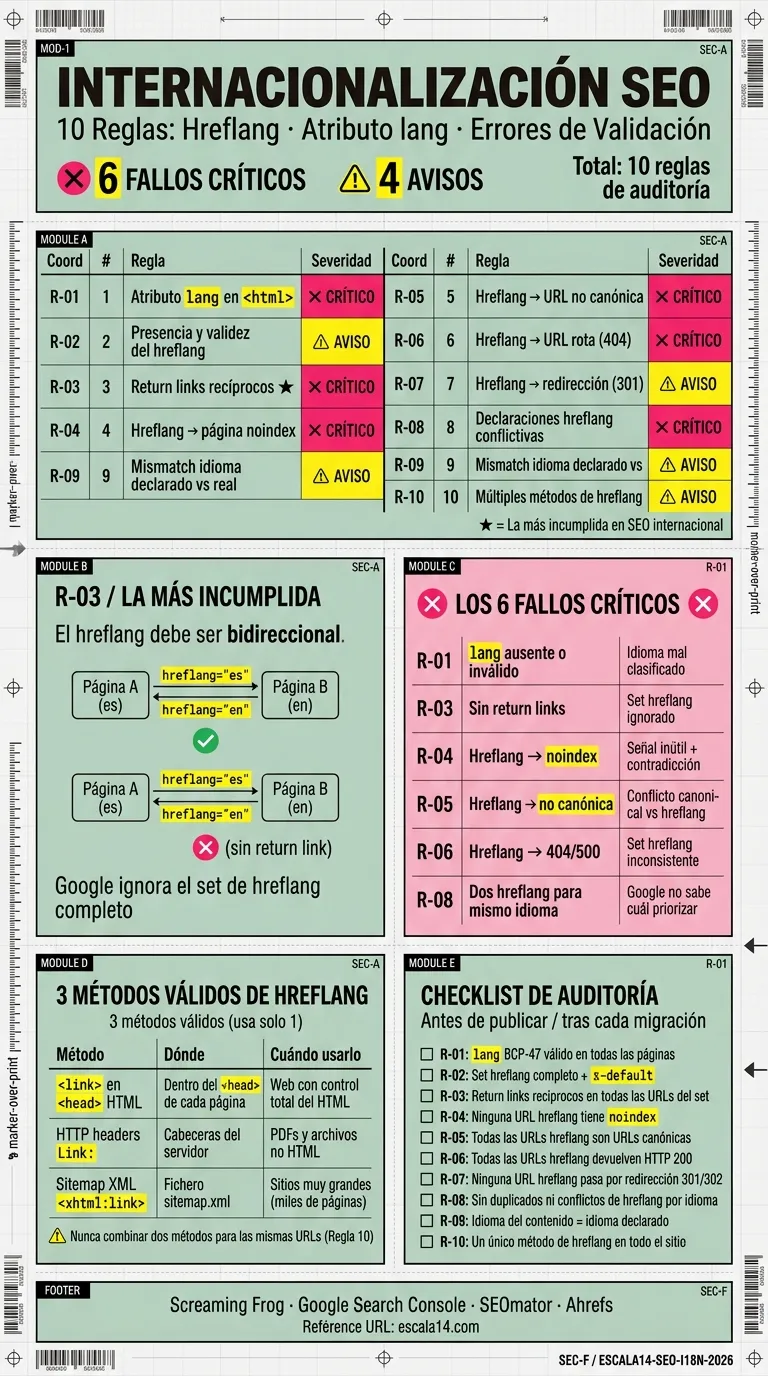Infografía de las 10 reglas de internacionalización SEO: tabla de severidad, fallos críticos de hreflang, 3 métodos válidos de implementación y checklist de auditoría