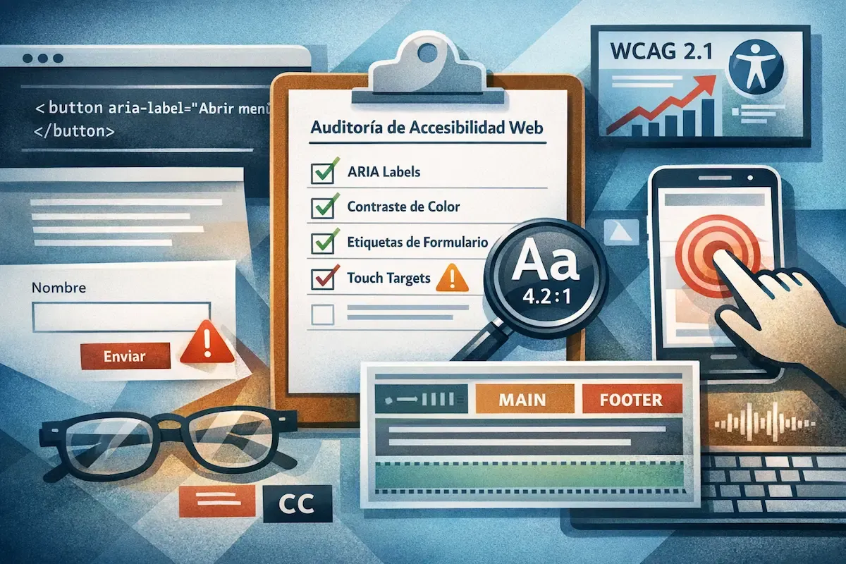 Accesibilidad web: 12 reglas para auditar ARIA labels, contraste de color, etiquetas de formulario, landmarks y touch targets