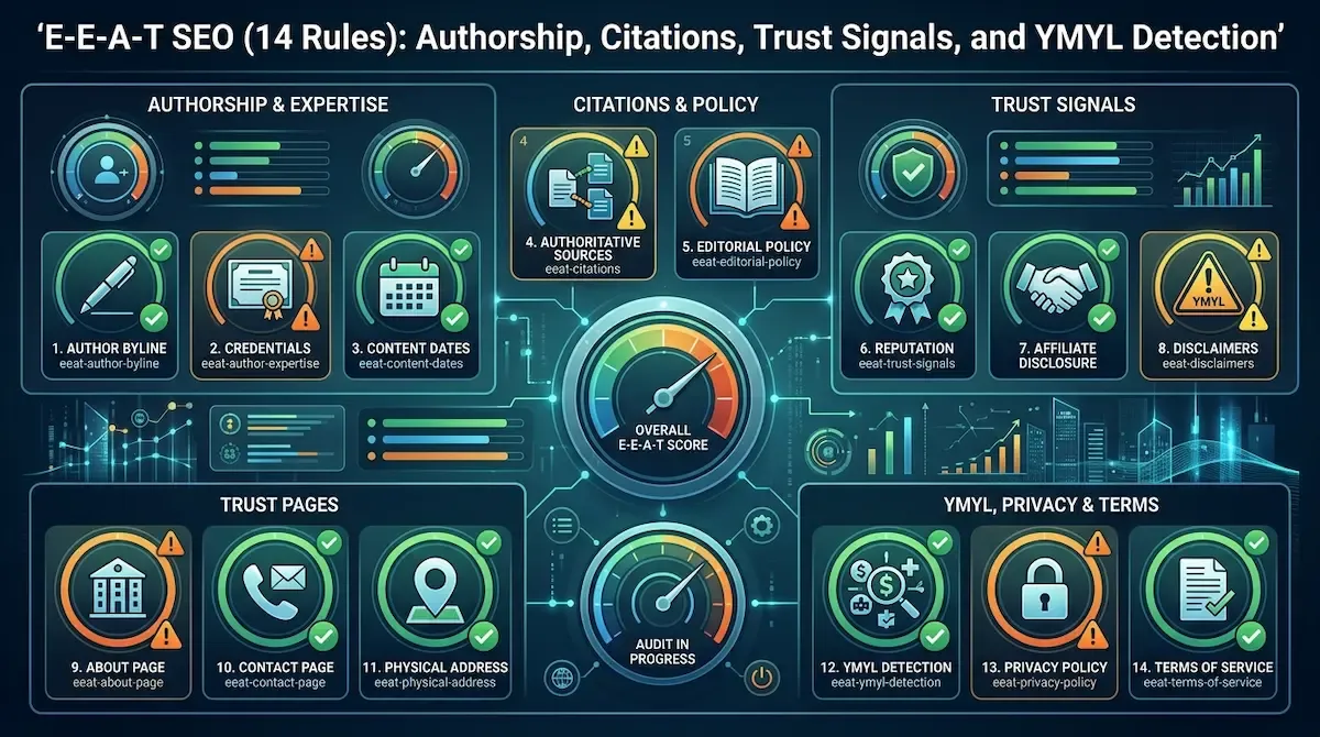 E-E-A-T SEO (14 Reglas): Autoría, Citas, Trust Signals y Detección YMYL