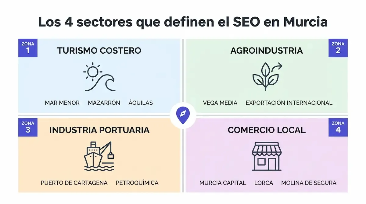 Los cuatro pilares económicos de Murcia — turismo costero, agroindustria, industria portuaria y comercio local.