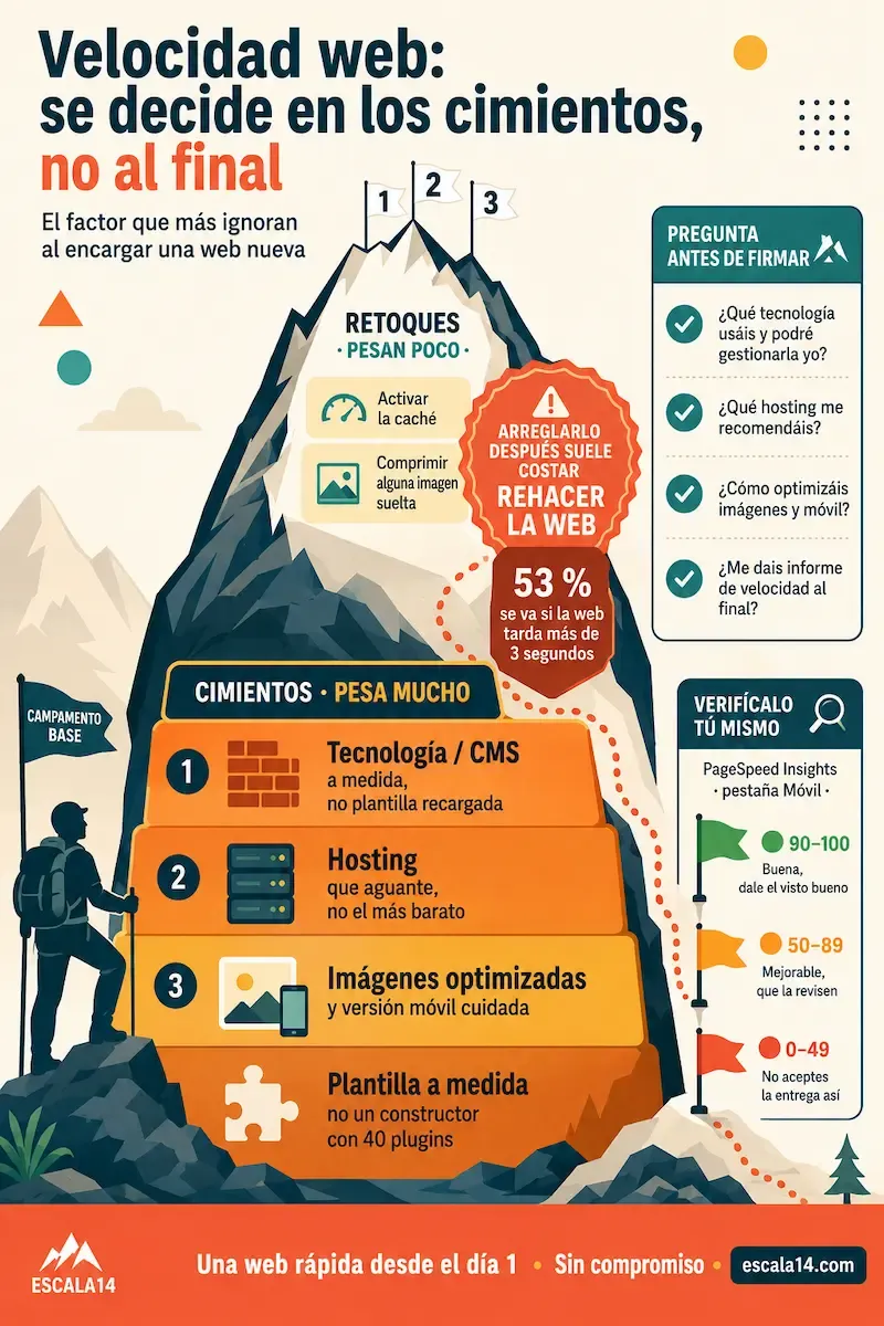 Infografía: la velocidad web se decide en los cimientos (tecnología, hosting, imágenes, plantilla), no en los retoques finales