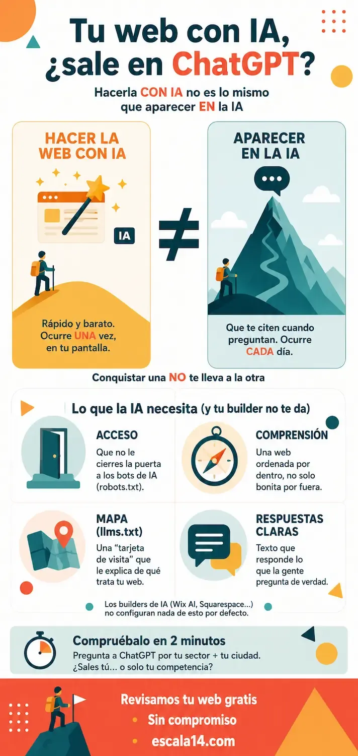 Infografía: Hacer la web CON IA no es lo mismo que aparecer EN la IA — las dos montañas y los 4 elementos que decide la IA